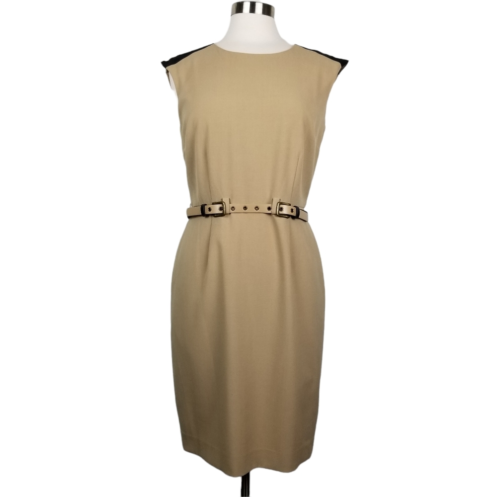 Calvin Klein Tan Midi Dress with Black Accents and Double-Buckle Belt